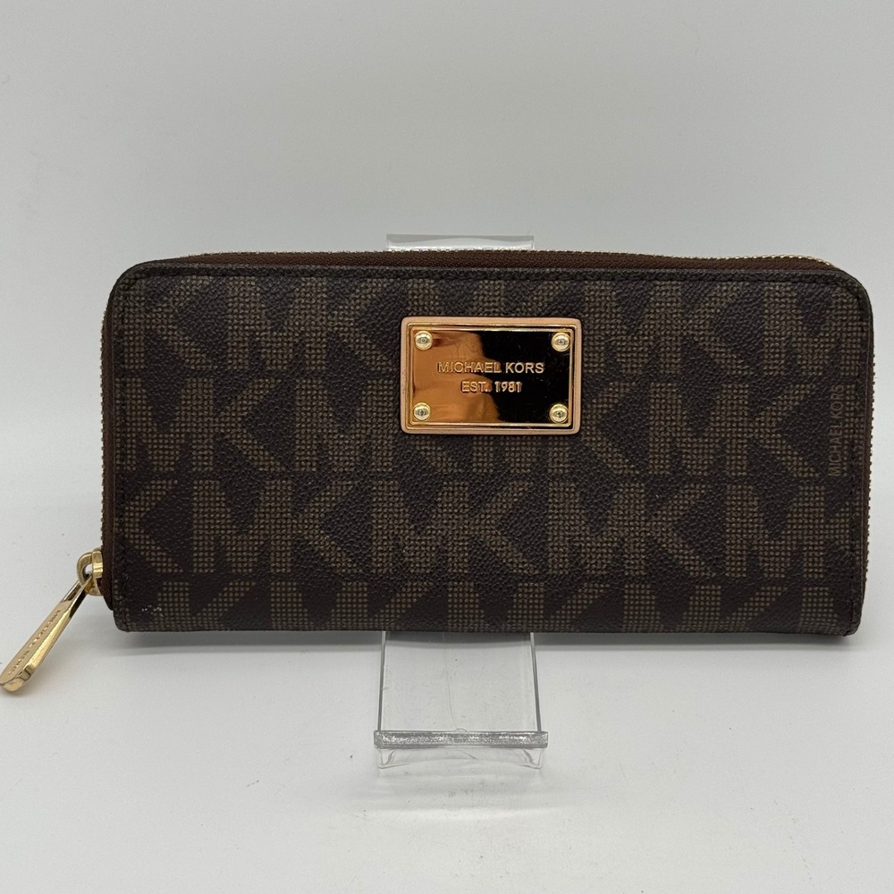 Michael Kors Jet Set Travel Continental Wallet Brown MK Signature Monogram Zip
